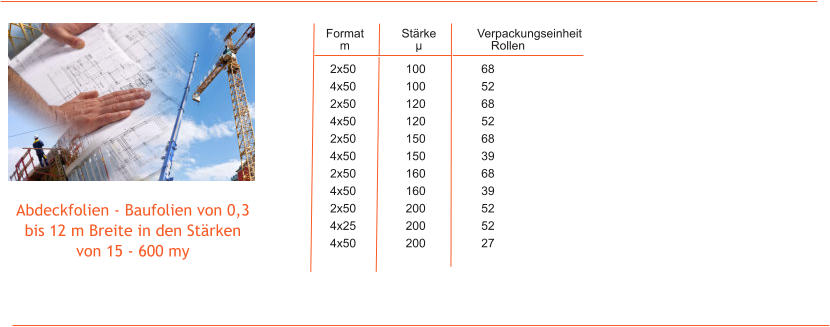 Abdeckfolien - Baufolien von 0,3 bis 12 m Breite in den St�rken von 15 - 600 my    Format	St�rke		Verpackungseinheit m		�		Rollen  2x50		100		68 4x50		100		52 2x50		120		68 4x50		120		52 2x50		150		68 4x50		150		39 2x50		160		68 4x50		160		39 2x50		200		52 4x25		200		52 4x50		200		27